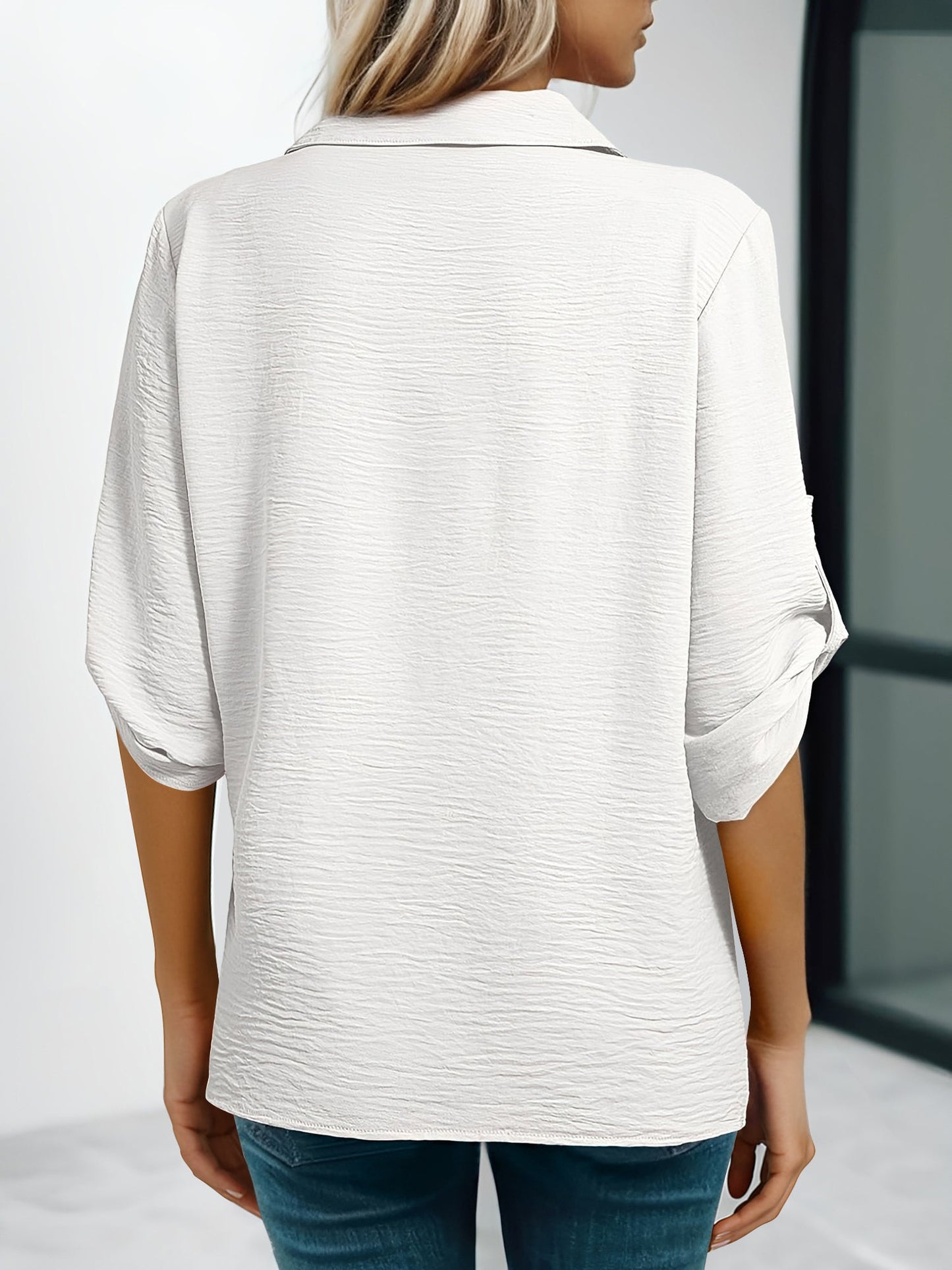 Solid Color Collared V Neck 3/4 Sleeve Versatile Blouse