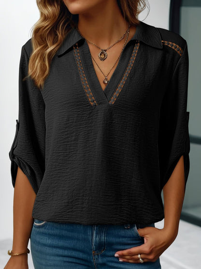 Solid Color Collared V Neck 3/4 Sleeve Versatile Blouse