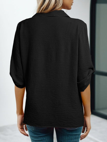 Solid Color Collared V Neck 3/4 Sleeve Versatile Blouse
