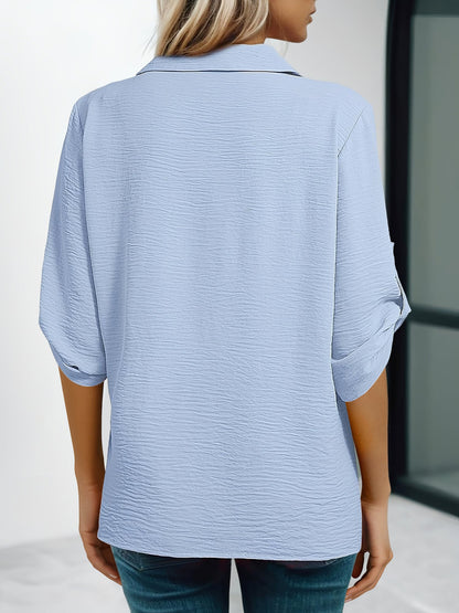 Solid Color Collared V Neck 3/4 Sleeve Versatile Blouse