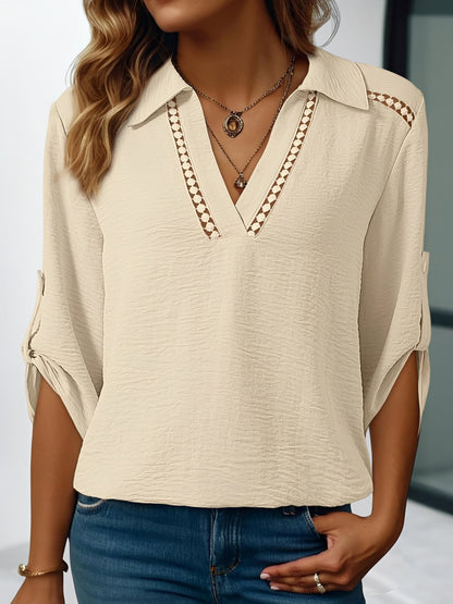 Solid Color Collared V Neck 3/4 Sleeve Versatile Blouse