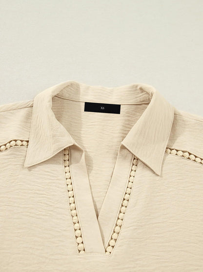 Solid Color Collared V Neck 3/4 Sleeve Versatile Blouse