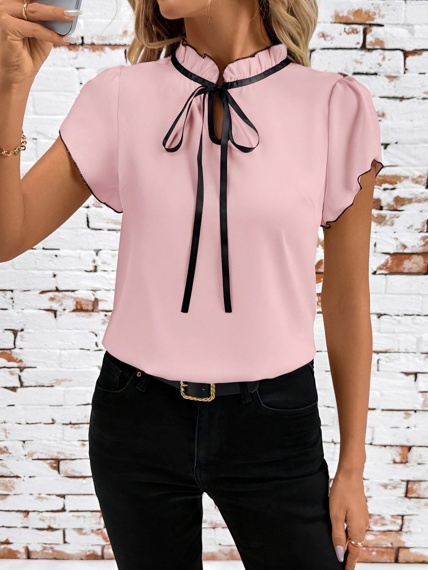 Ruffled Neck Lace-Up Colorblock Short Sleeves Blouse