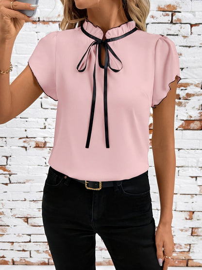 Ruffled Neck Lace-Up Colorblock Short Sleeves Blouse