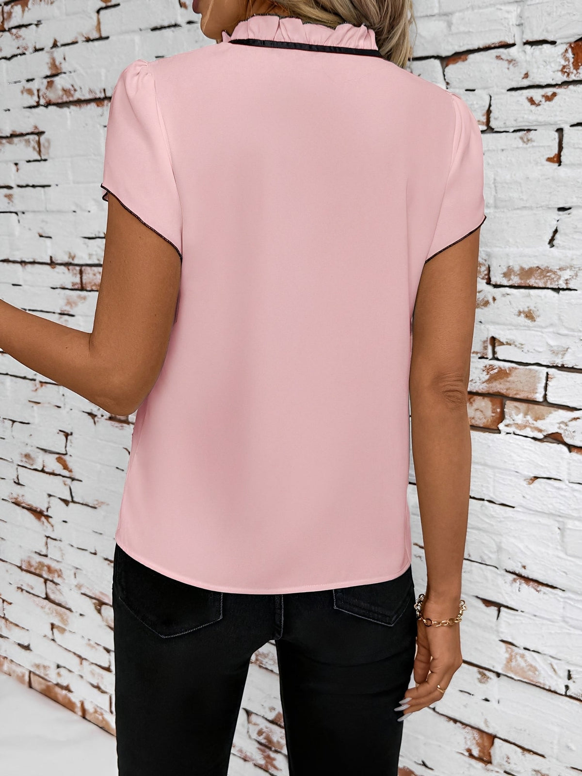 Ruffled Neck Lace-Up Colorblock Short Sleeves Blouse