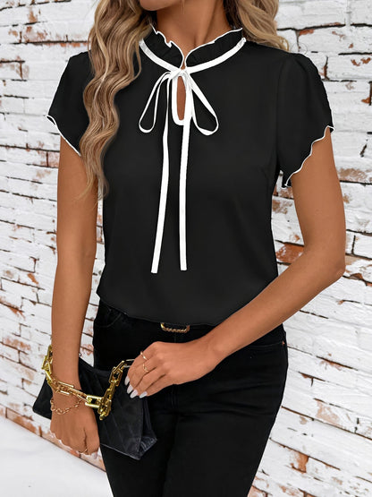 Ruffled Neck Lace-Up Colorblock Short Sleeves Blouse