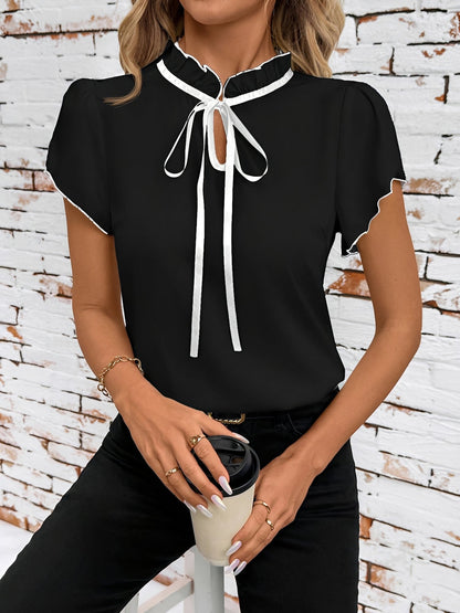 Ruffled Neck Lace-Up Colorblock Short Sleeves Blouse