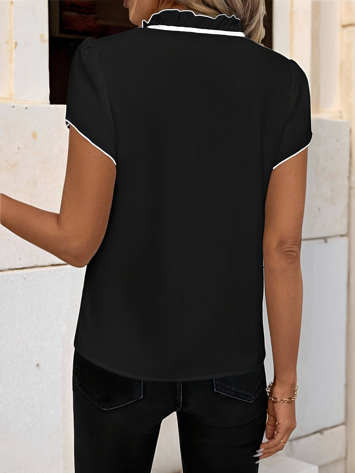Ruffled Neck Lace-Up Colorblock Short Sleeves Blouse