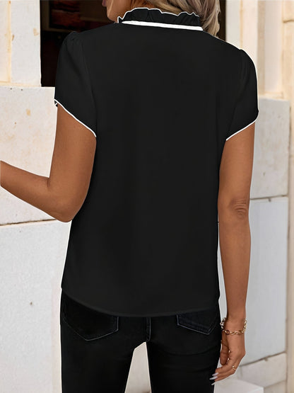 Ruffled Neck Lace-Up Colorblock Short Sleeves Blouse