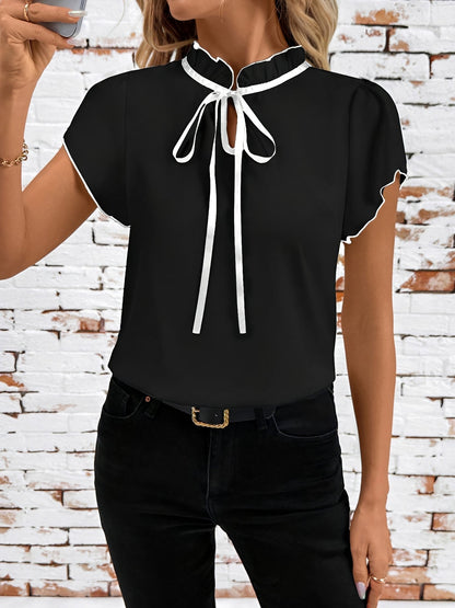Ruffled Neck Lace-Up Colorblock Short Sleeves Blouse