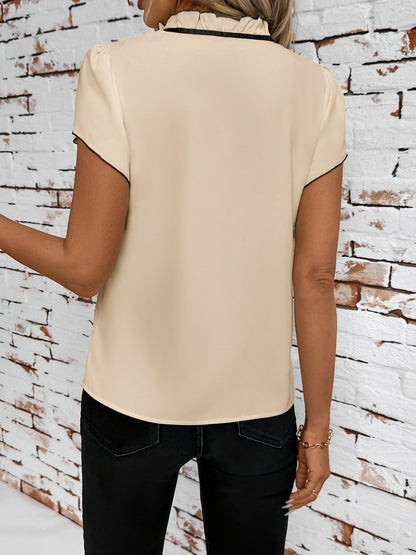 Ruffled Neck Lace-Up Colorblock Short Sleeves Blouse