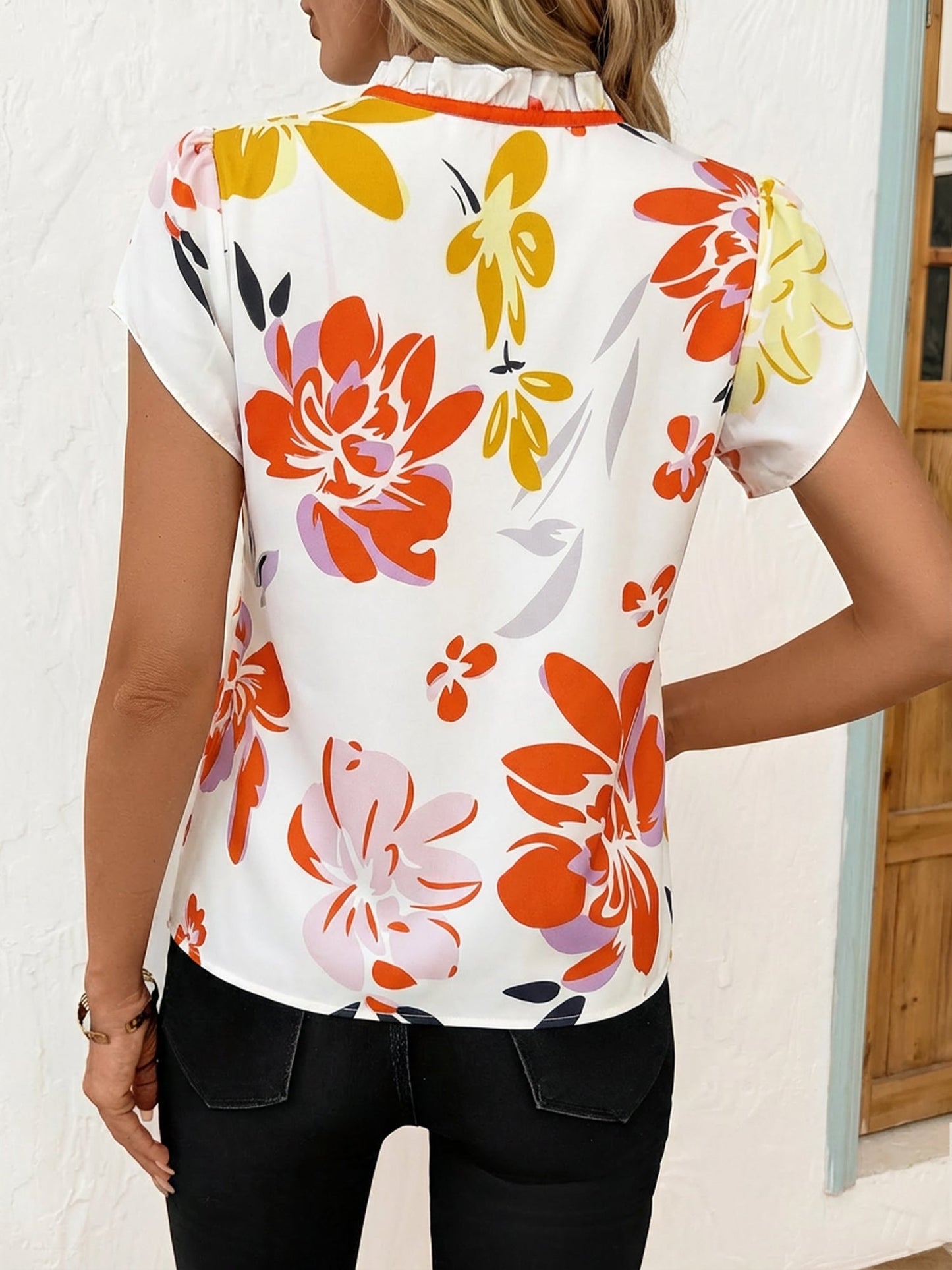 Ruffled Neck Lace-Up Floral Blouse