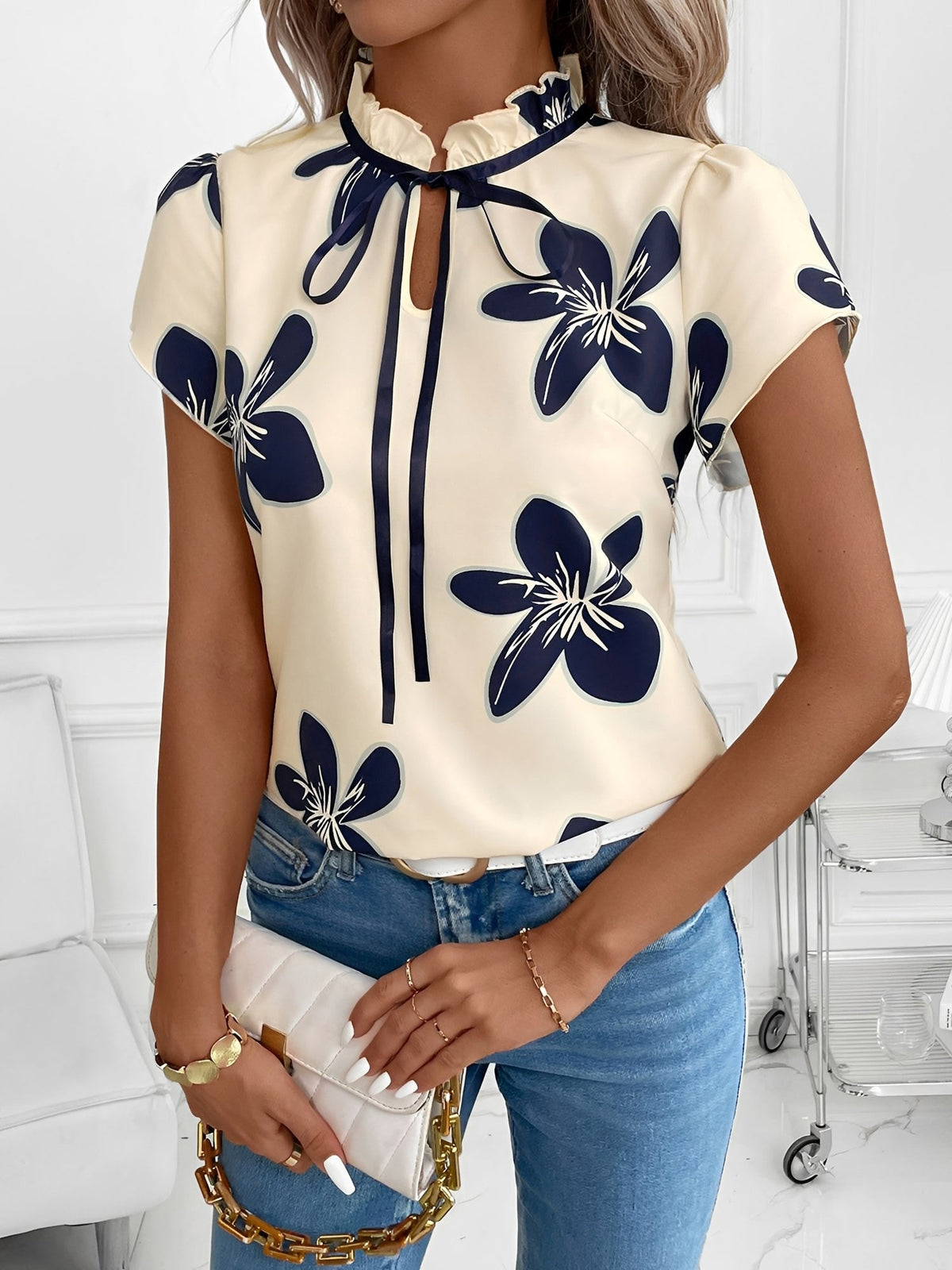 Ruffled Neck Lace-Up Floral Blouse