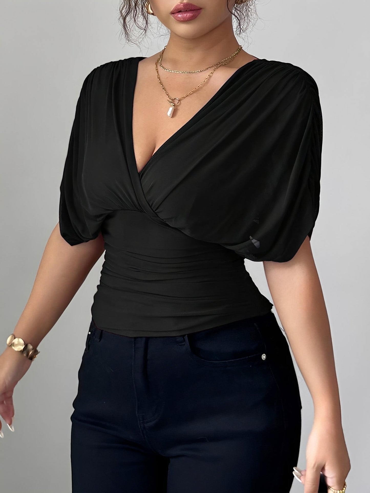Ruched Smocked Waist Backless Lace-Up Blouse