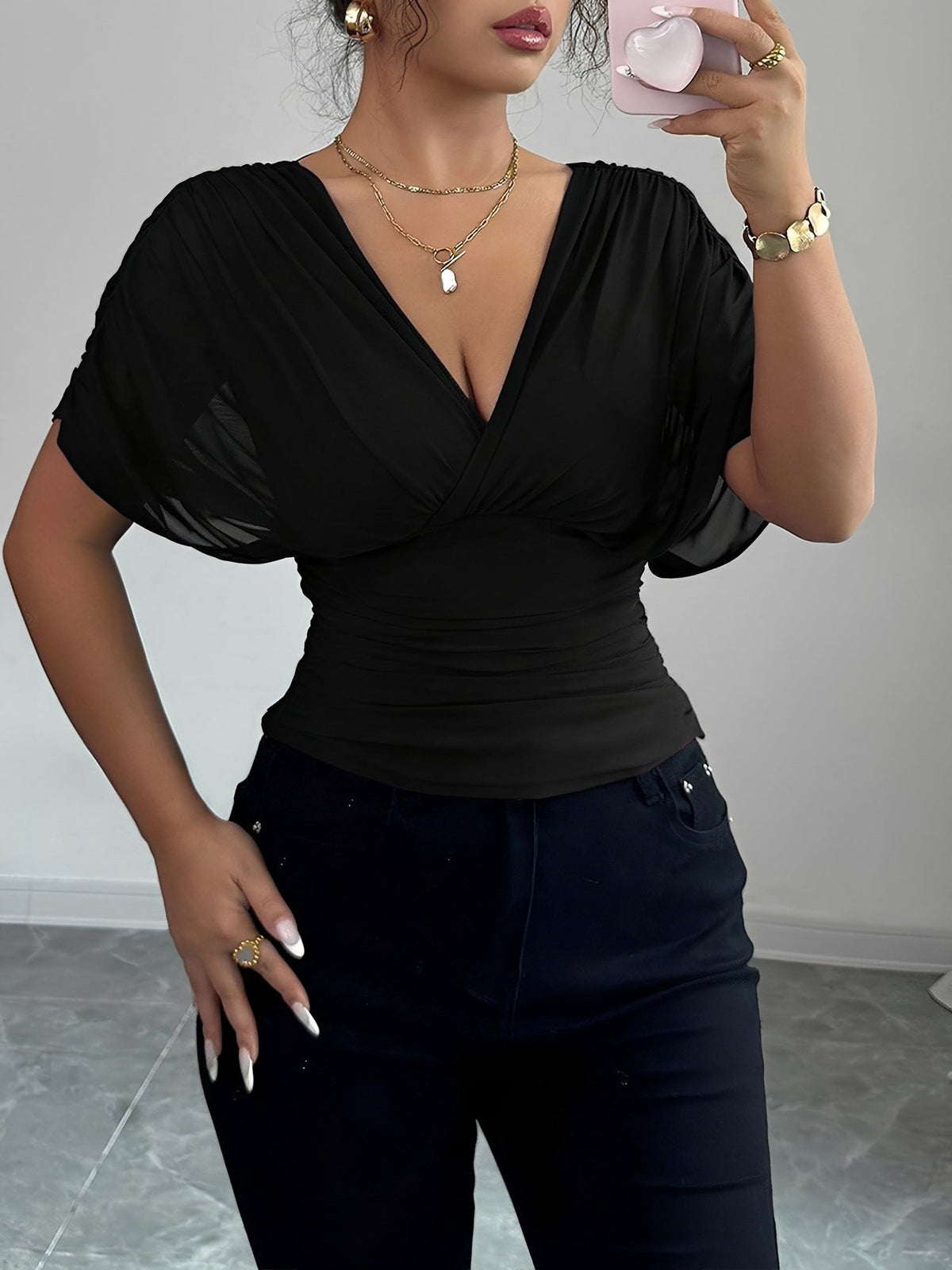 Ruched Smocked Waist Backless Lace-Up Blouse