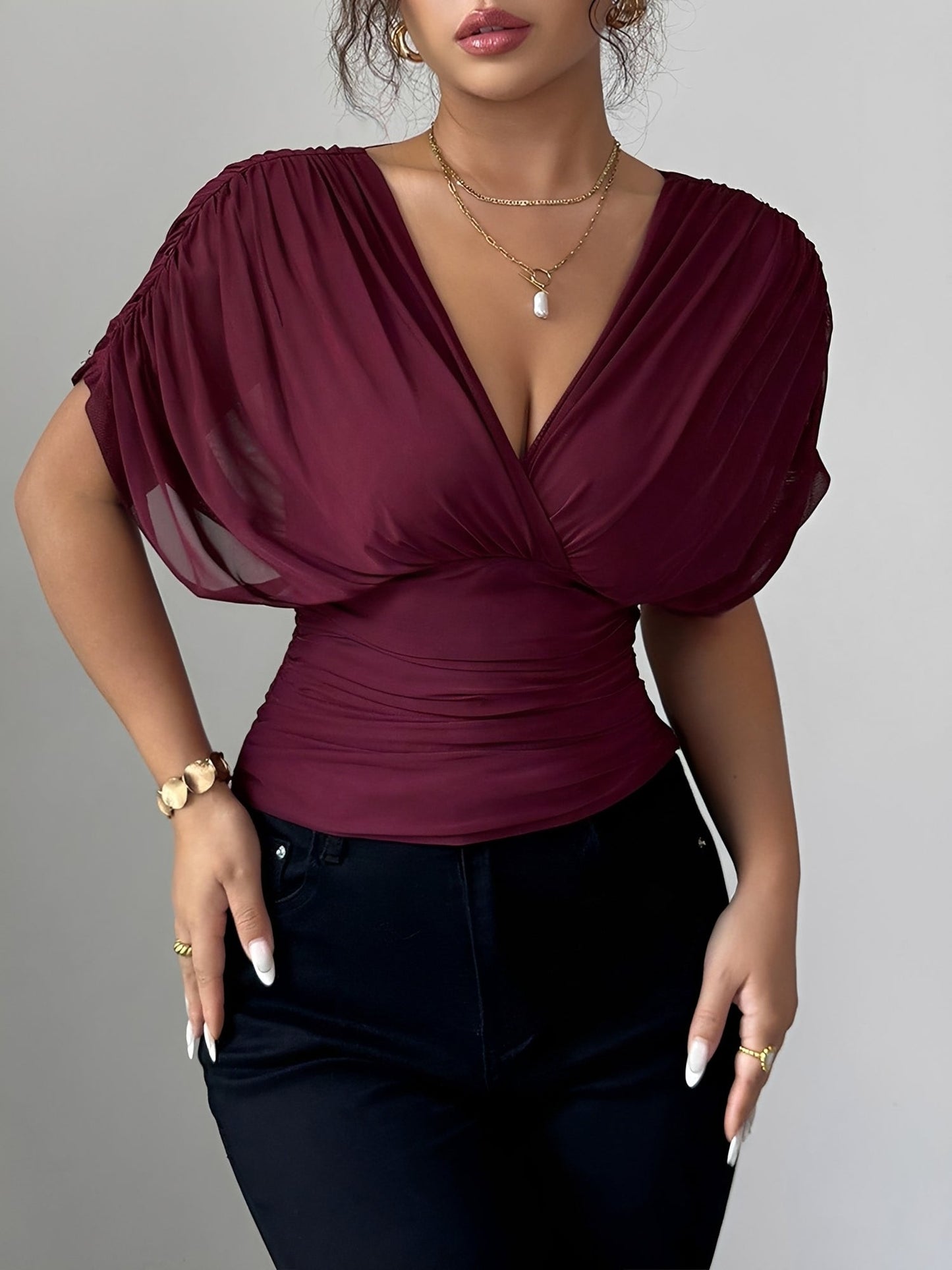 Ruched Smocked Waist Backless Lace-Up Blouse