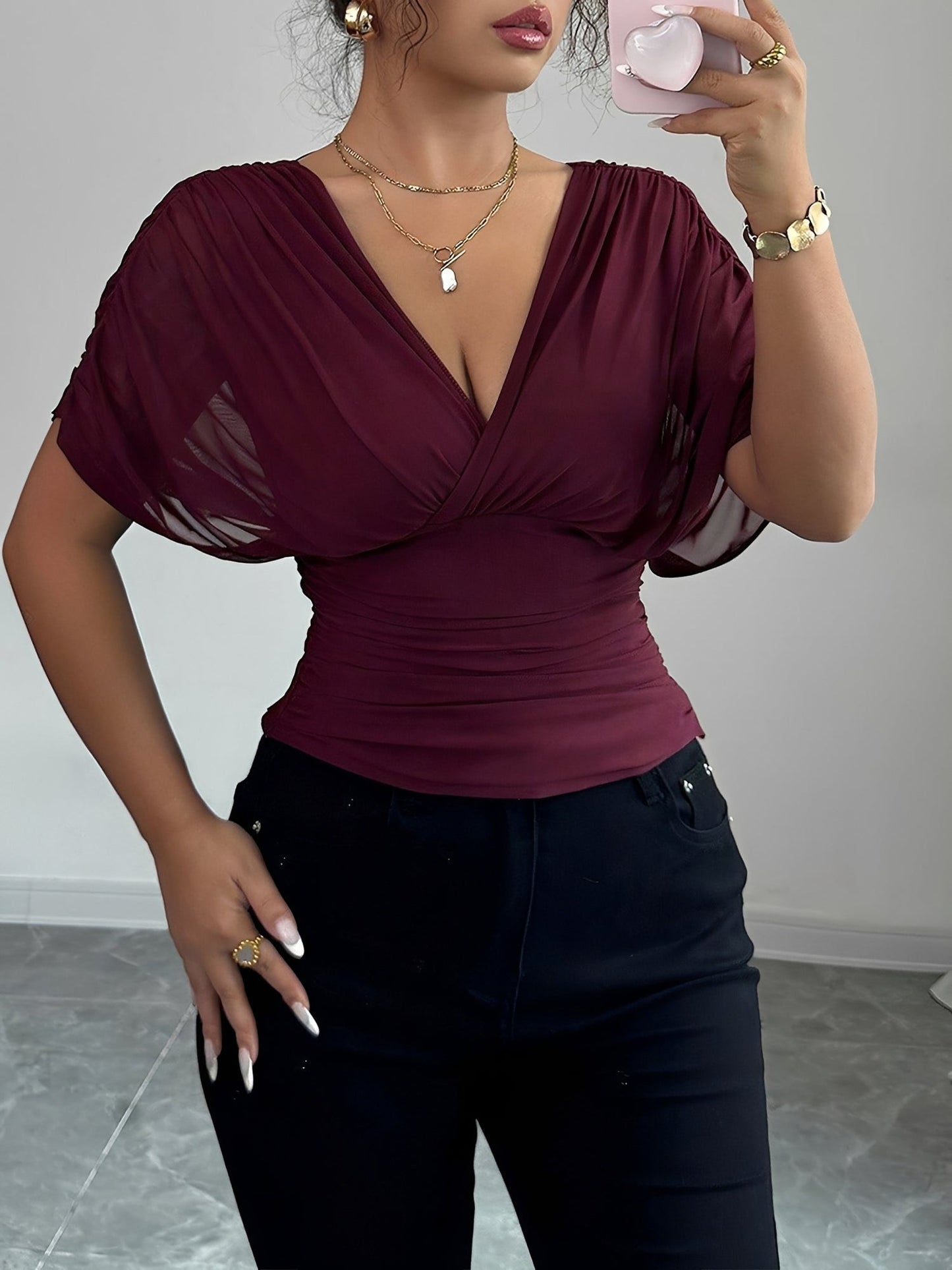 Ruched Smocked Waist Backless Lace-Up Blouse