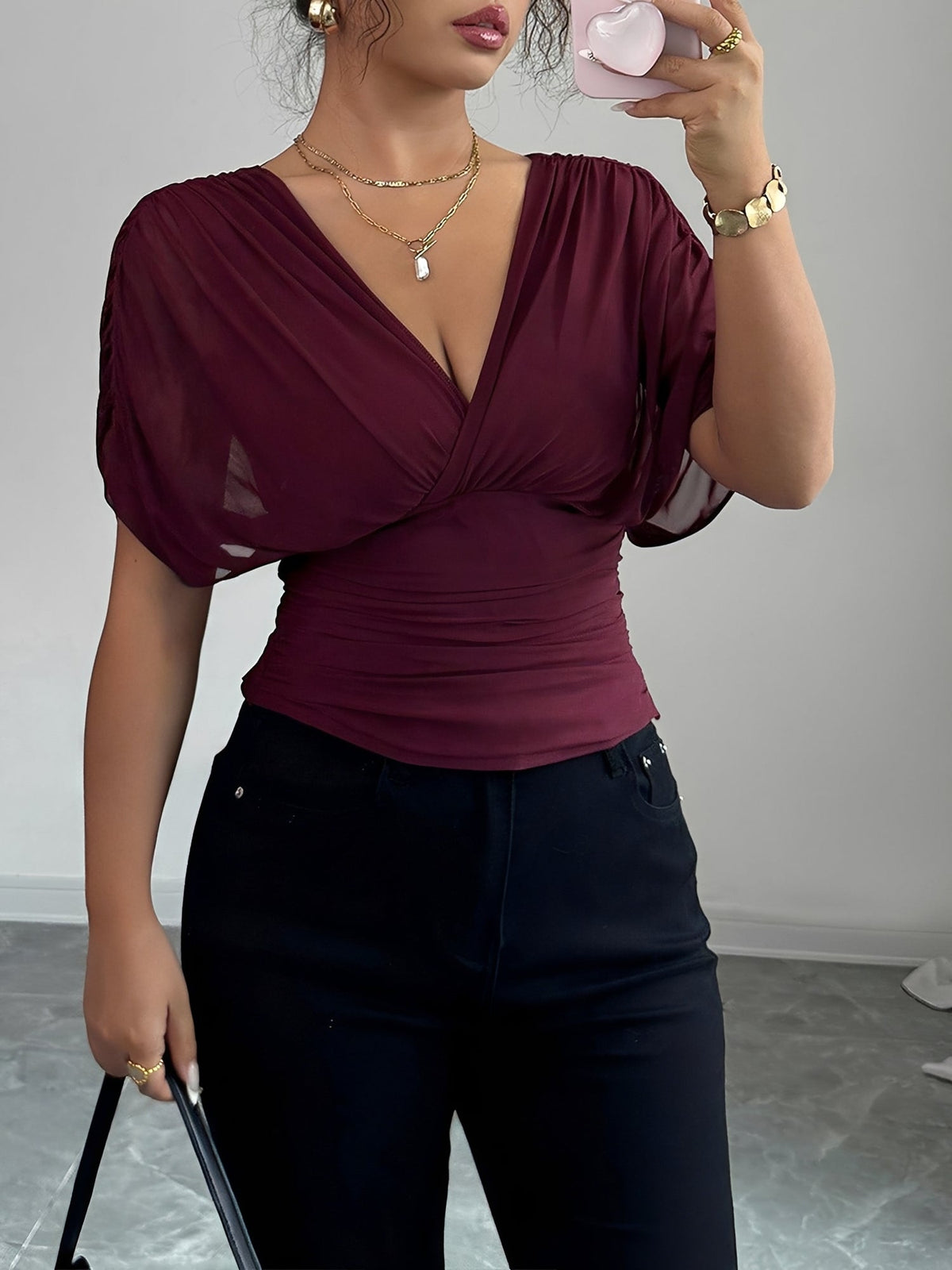 Ruched Smocked Waist Backless Lace-Up Blouse