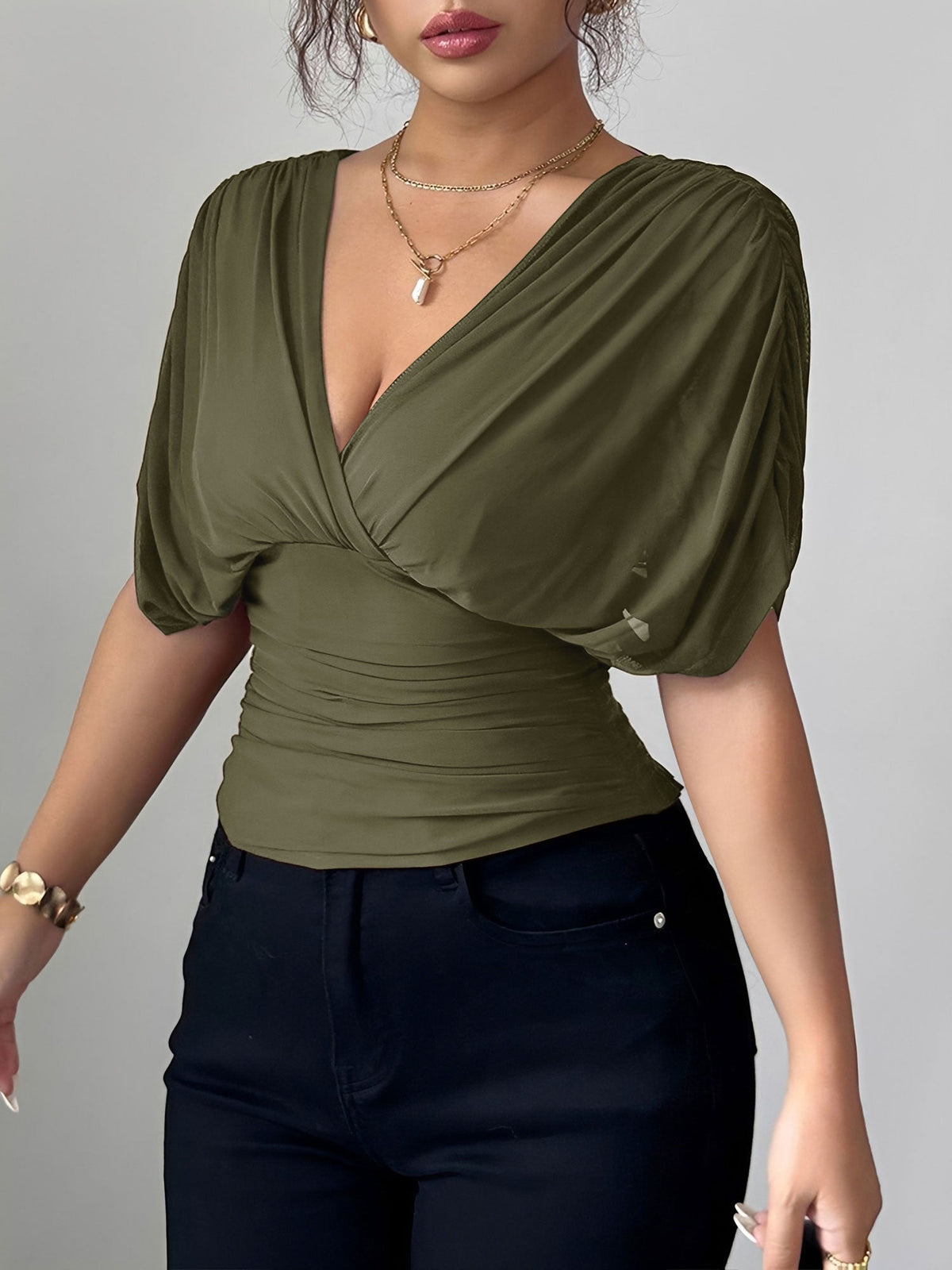 Ruched Smocked Waist Backless Lace-Up Blouse