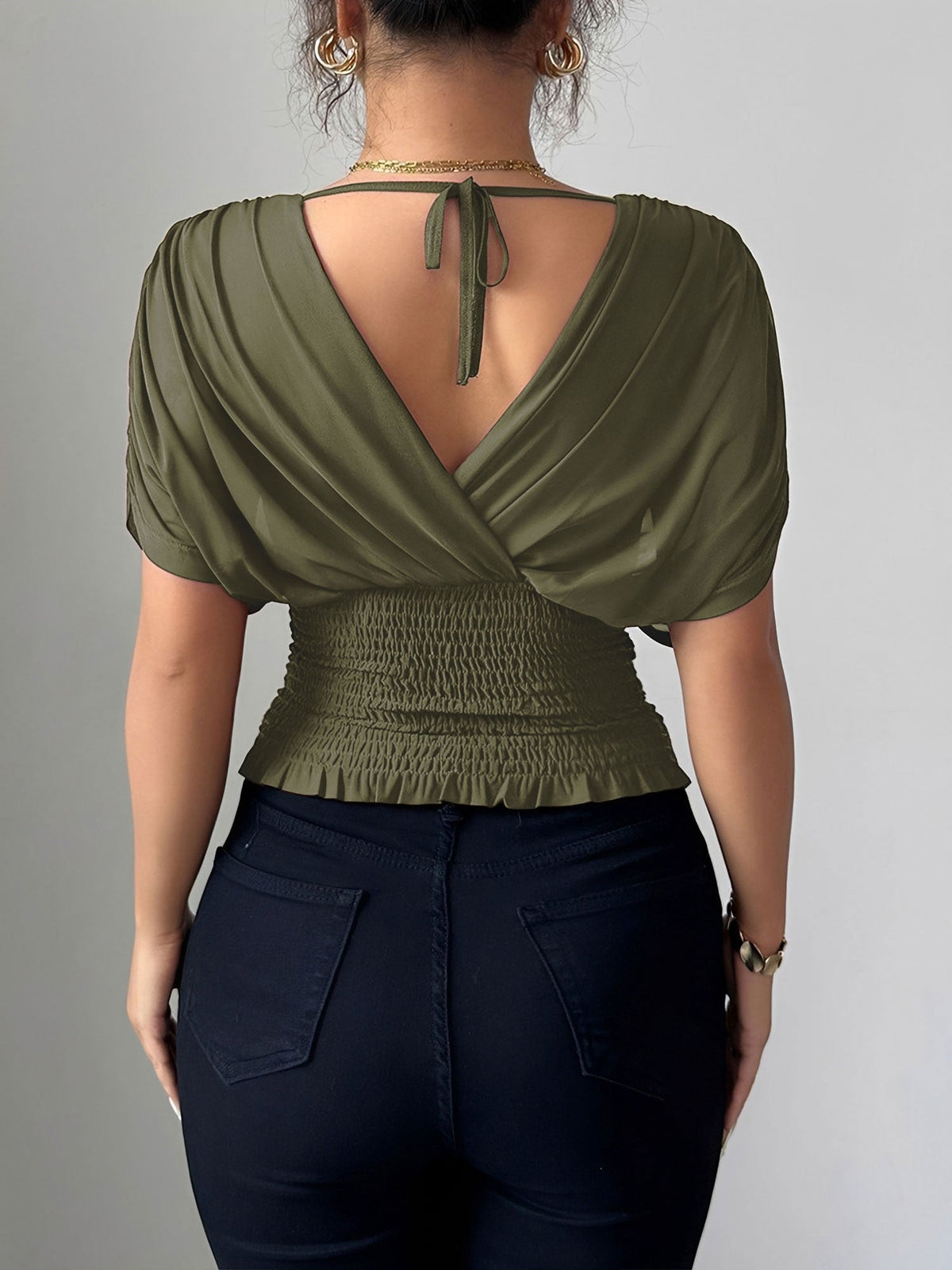 Ruched Smocked Waist Backless Lace-Up Blouse