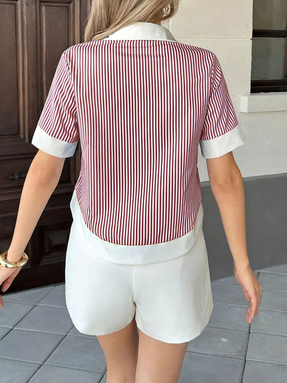 Colorblock Stripe Collared Short Sleeves Cropped Blouse