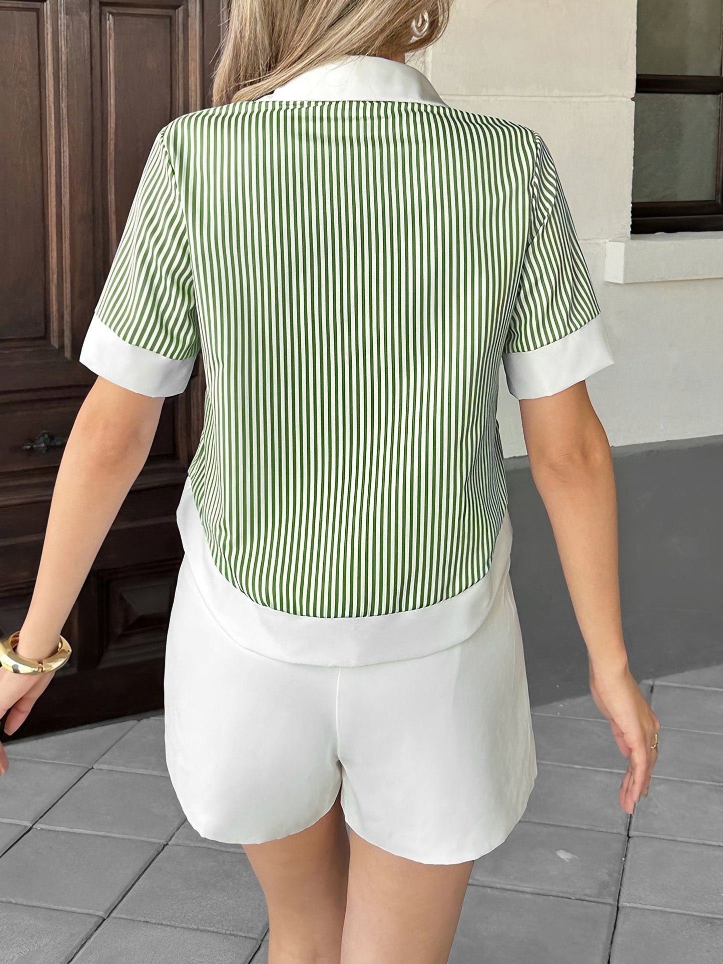 Colorblock Stripe Collared Short Sleeves Cropped Blouse