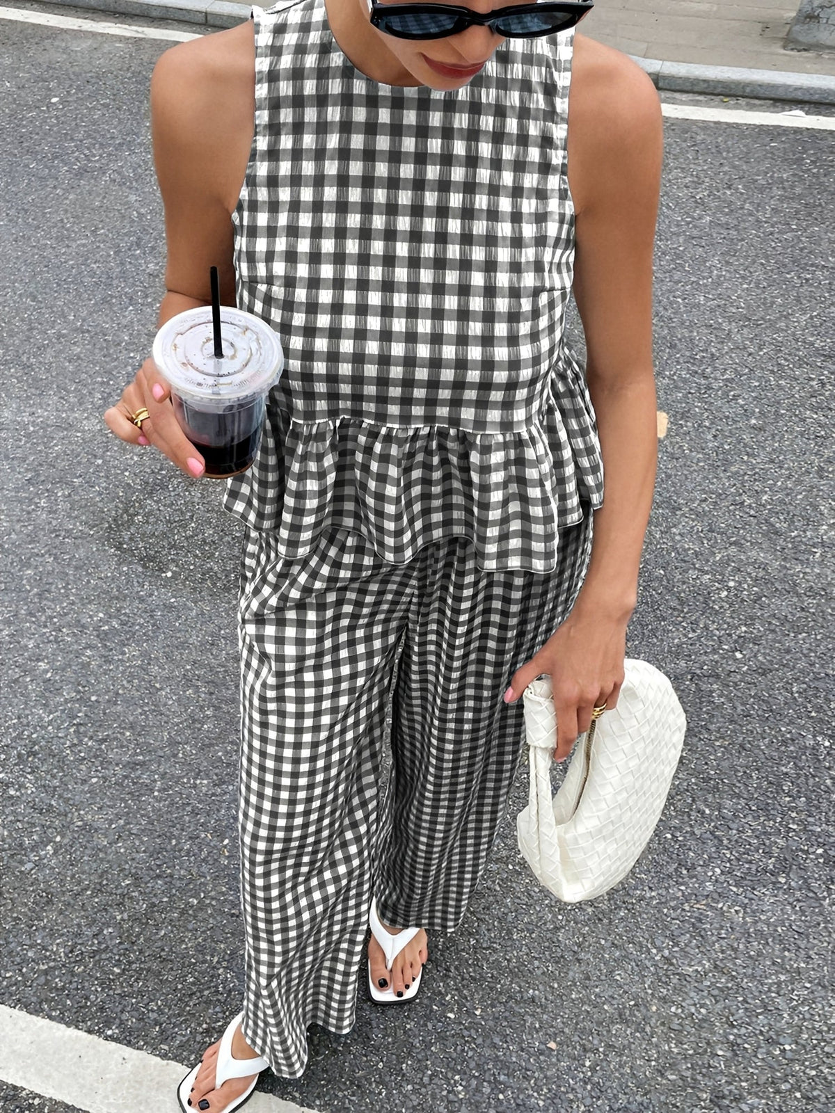 2 Pieces Gingham Crew Neck Sleeveless Ruffled Hem Top & Wide Leg Trousers Pants Set