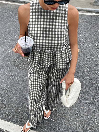 2 Pieces Gingham Crew Neck Sleeveless Ruffled Hem Top & Wide Leg Trousers Pants Set