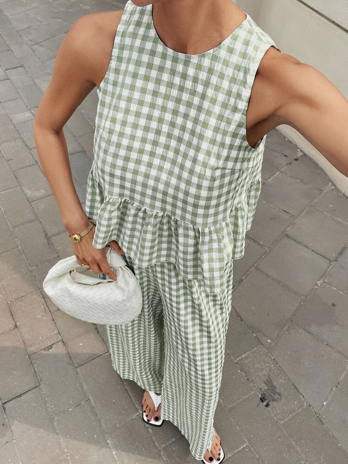 2 Pieces Gingham Crew Neck Sleeveless Ruffled Hem Top & Wide Leg Trousers Pants Set