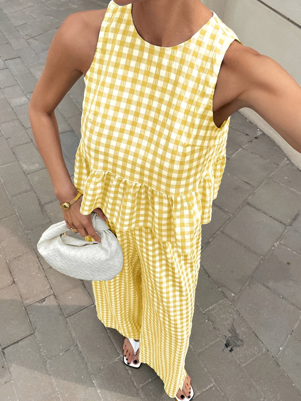 2 Pieces Gingham Crew Neck Sleeveless Ruffled Hem Top & Wide Leg Trousers Pants Set