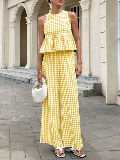 2 Pieces Gingham Crew Neck Sleeveless Ruffled Hem Top & Wide Leg Trousers Pants Set