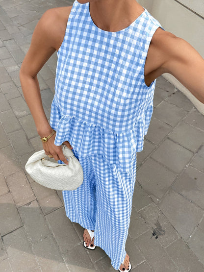 2 Pieces Gingham Crew Neck Sleeveless Ruffled Hem Top & Wide Leg Trousers Pants Set
