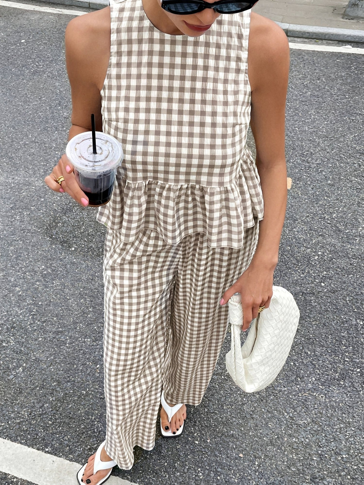 2 Pieces Gingham Crew Neck Sleeveless Ruffled Hem Top & Wide Leg Trousers Pants Set