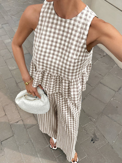 2 Pieces Gingham Crew Neck Sleeveless Ruffled Hem Top & Wide Leg Trousers Pants Set