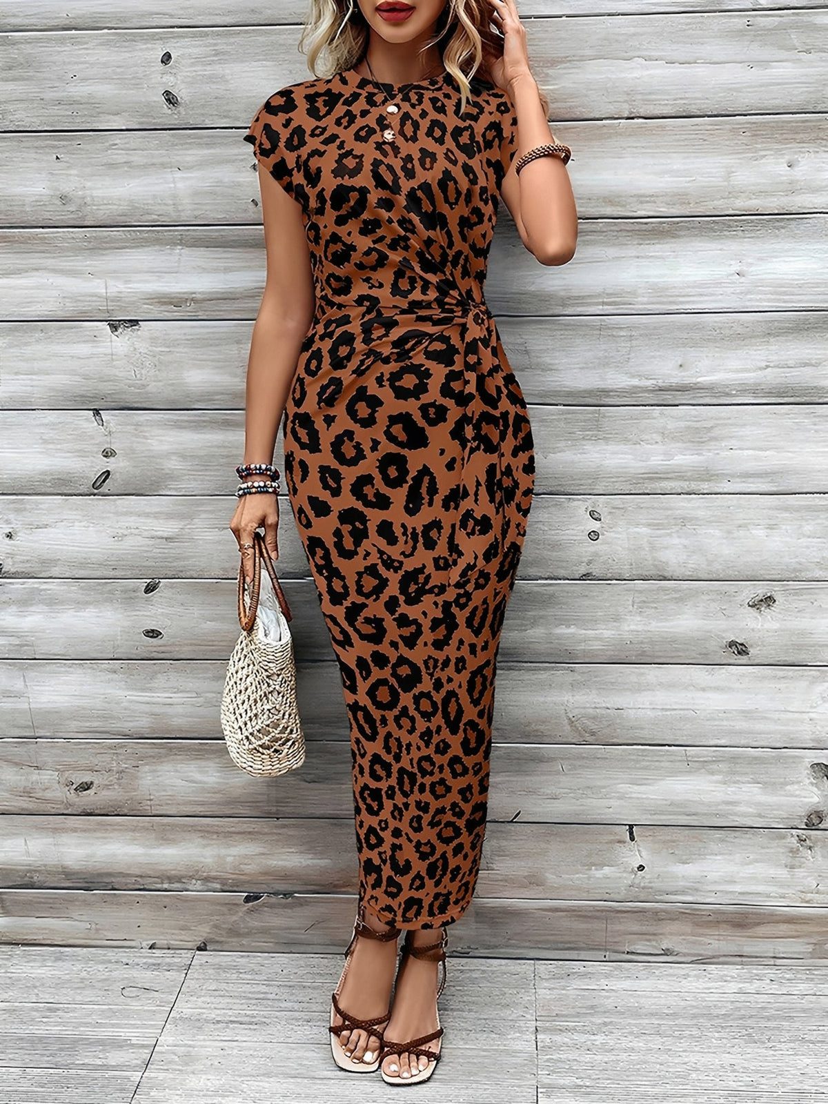 Leopard Print Cap Sleeve Tie-Waist Bodycon Dress