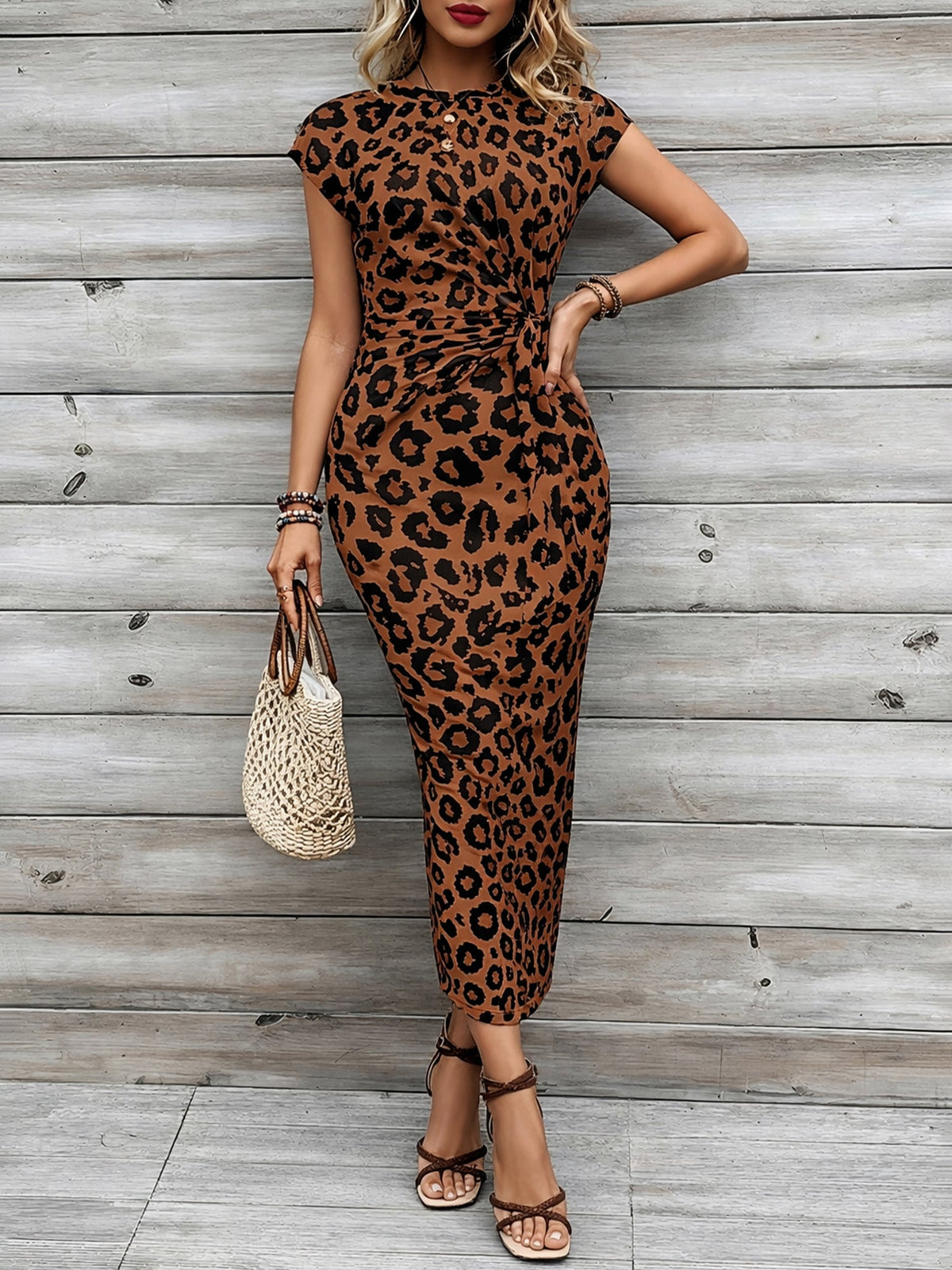 Leopard Print Cap Sleeve Tie-Waist Bodycon Dress