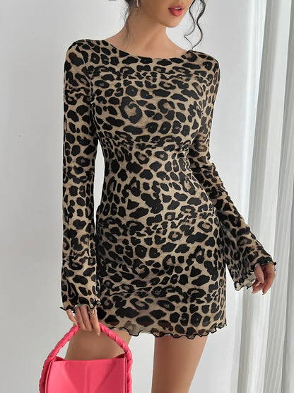 Leopard Print Backless Bell Sleeve Mesh Mini Dress