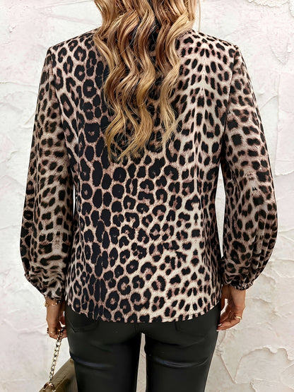 Leopard Print Casual Long Sleeve V Neck Blouse