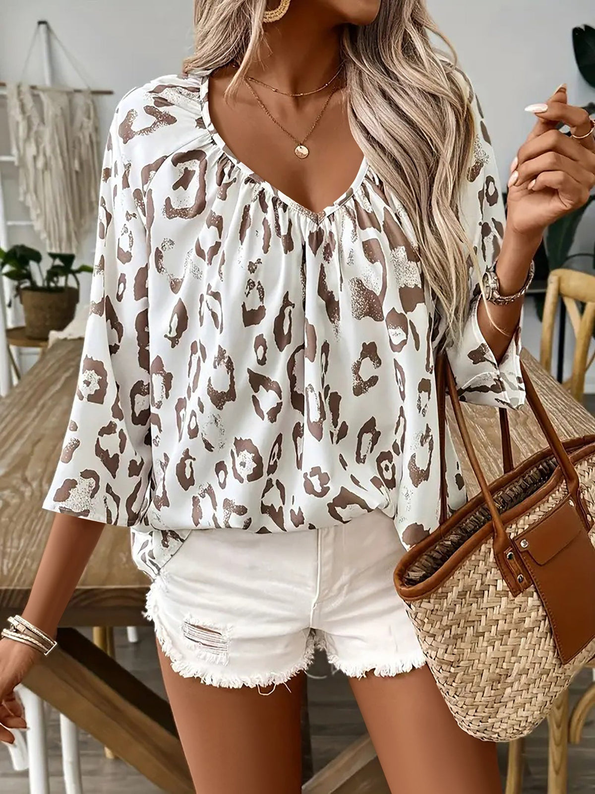 Leopard Print 3/4 Sleeves V Neck Blouse