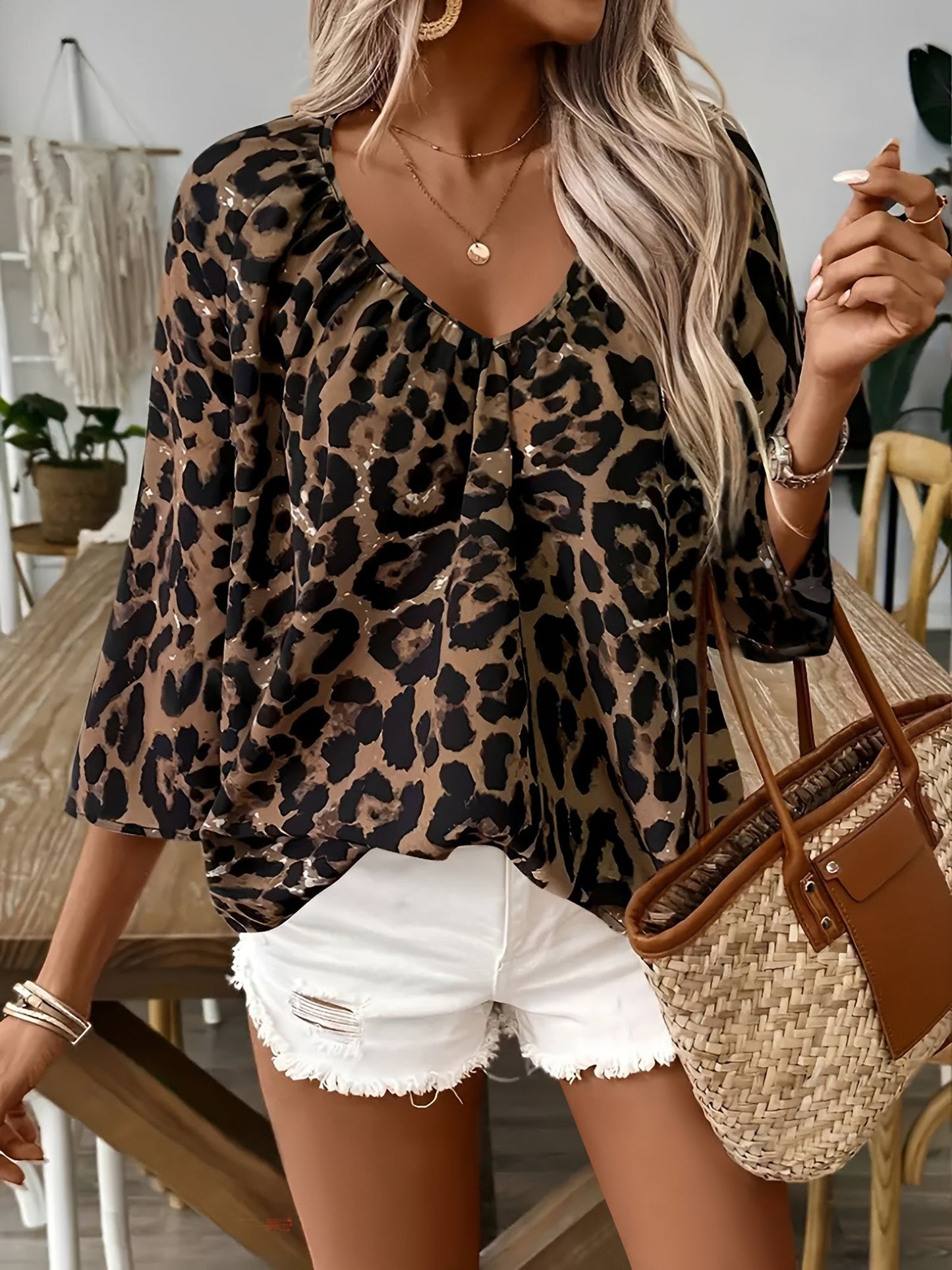Leopard Print 3/4 Sleeves V Neck Blouse