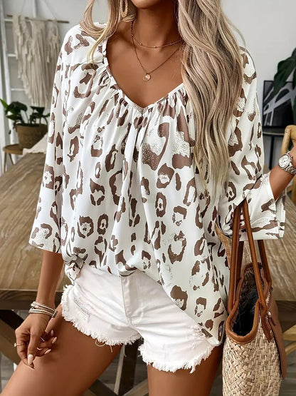 Leopard Print 3/4 Sleeves V Neck Blouse