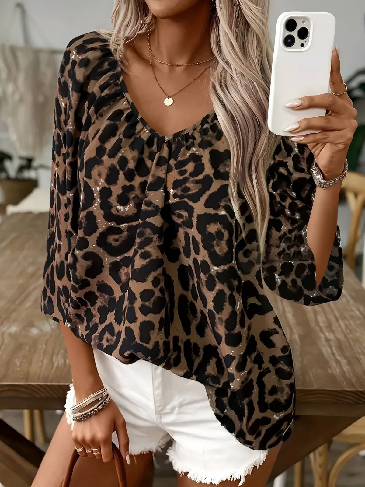 Leopard Print 3/4 Sleeves V Neck Blouse