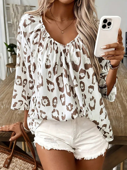 Leopard Print 3/4 Sleeves V Neck Blouse