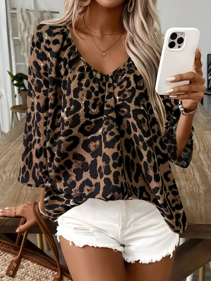 Leopard Print 3/4 Sleeves V Neck Blouse