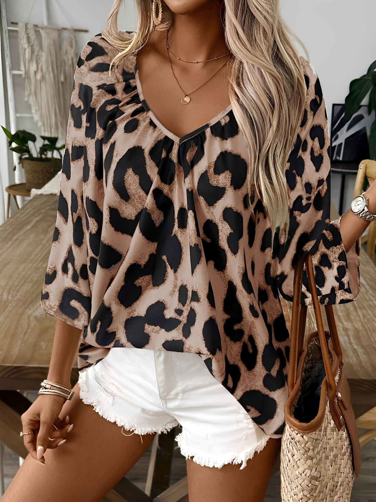 Leopard Print 3/4 Sleeves V Neck Blouse
