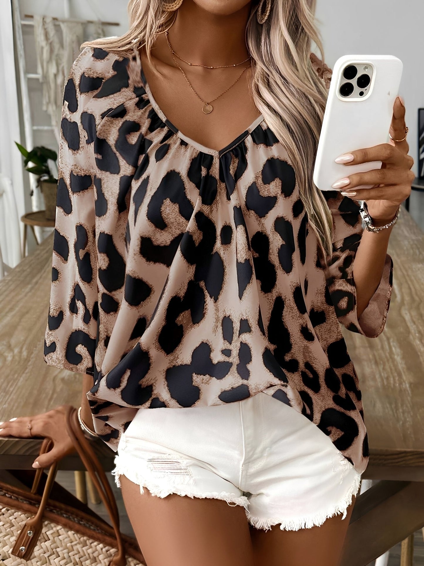 Leopard Print 3/4 Sleeves V Neck Blouse