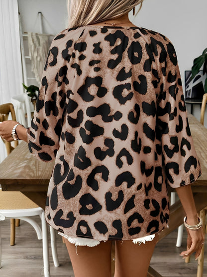 Leopard Print 3/4 Sleeves V Neck Blouse