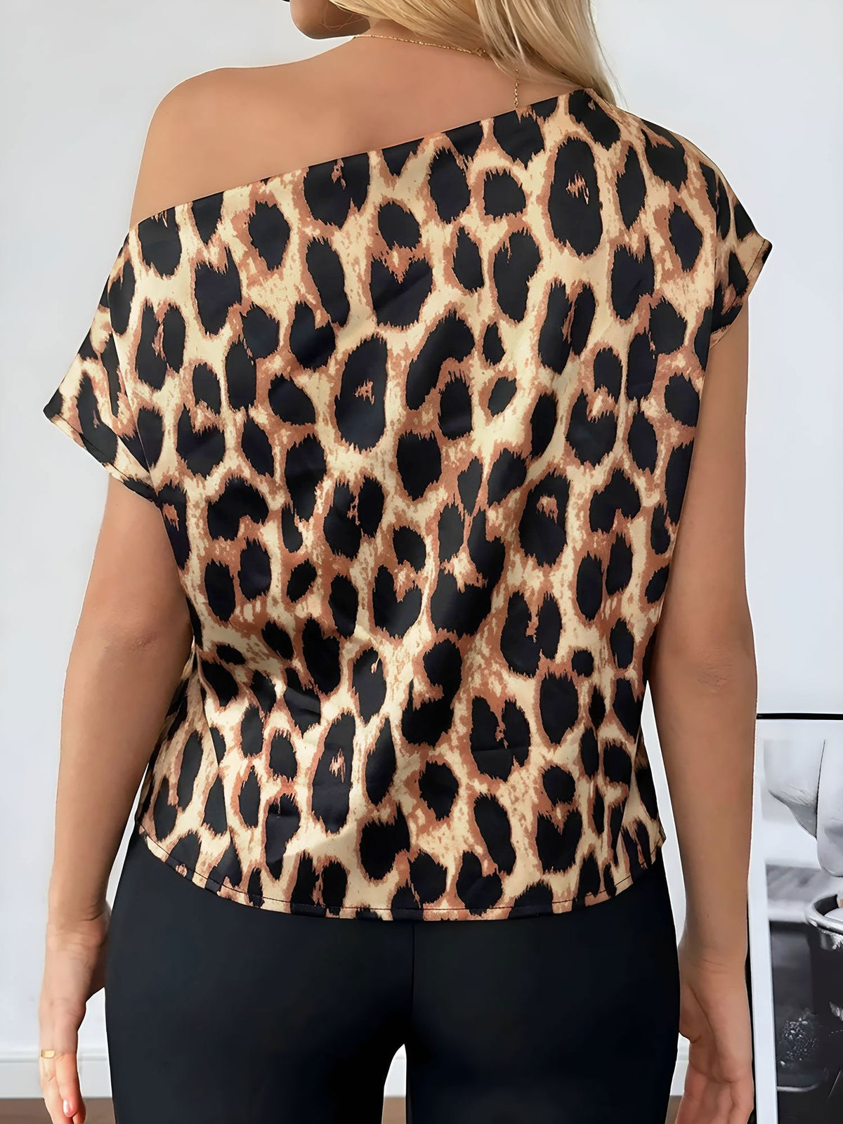 Satin Leopard Print Off Shoulder Blouse