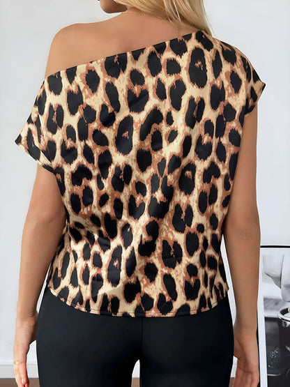 Satin Leopard Print Off Shoulder Blouse