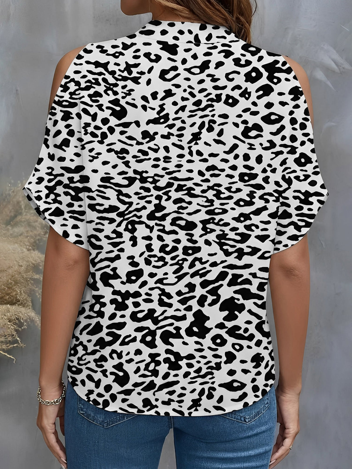 Leopard Print Cold Shoulder Short Sleeves Blouse